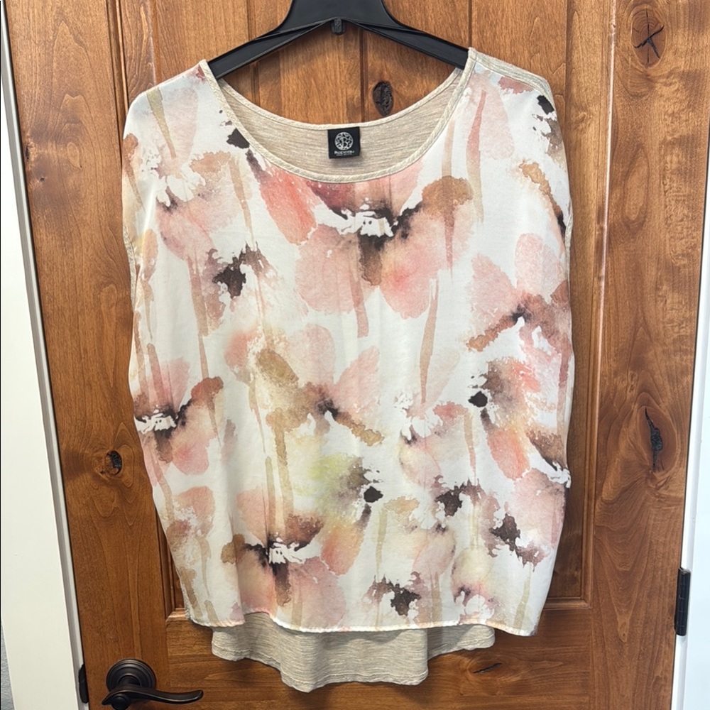 Bobeau Pink and Tan Sheer Blouse with Relaxed Fit
